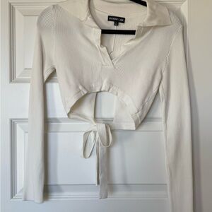 Rehab Cream Ribbed Tie-Front Crop Top